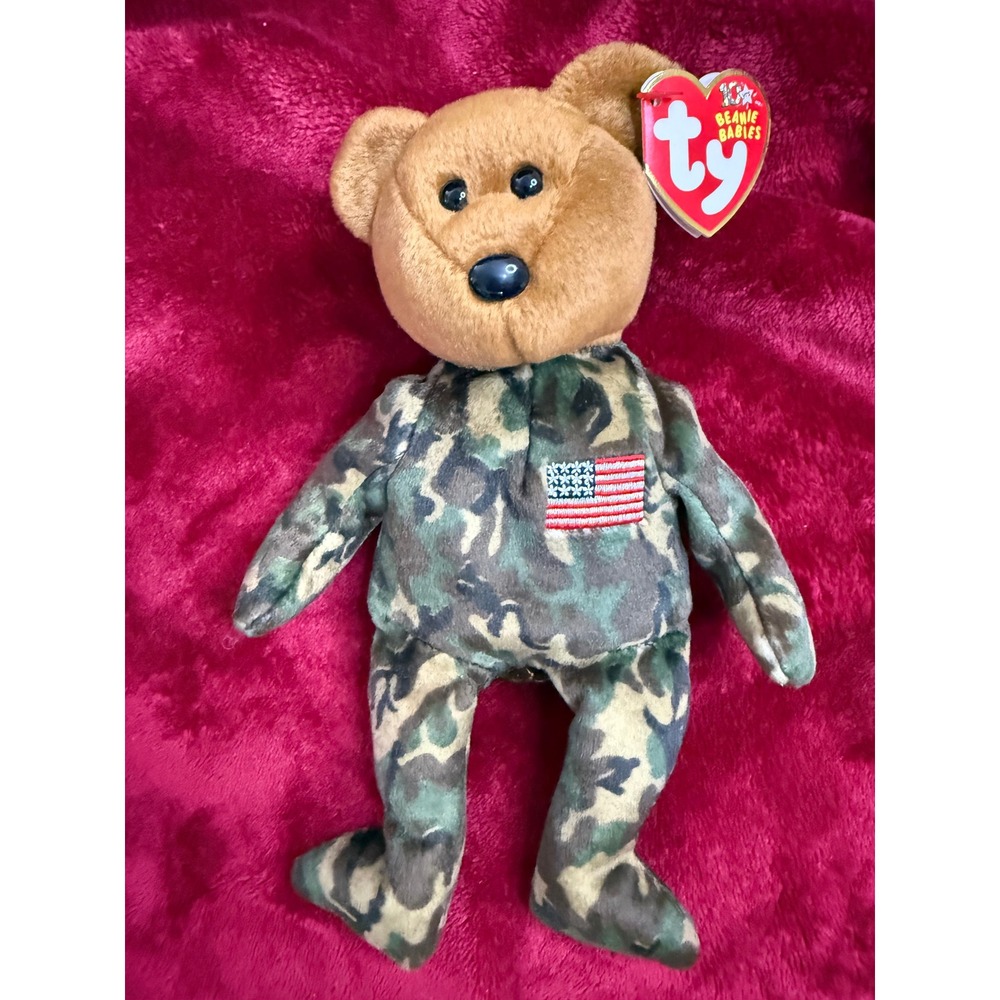 Ty Beanie Baby Hero Bear Kids 8.5" Camo NWT 10th Anniversary USO American Flag
